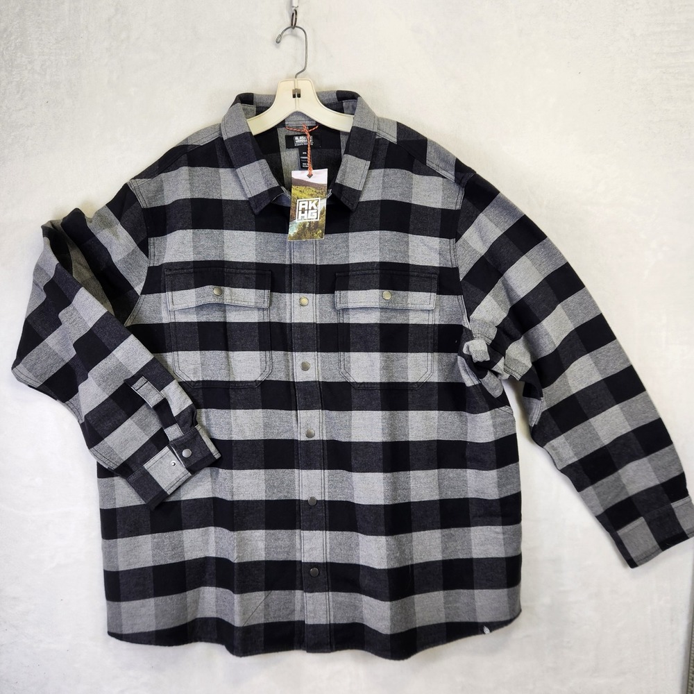 Duluth Trading Co AKHG Crosshaul Flannel Overshirt Grey Black Plaid 2XL NWT